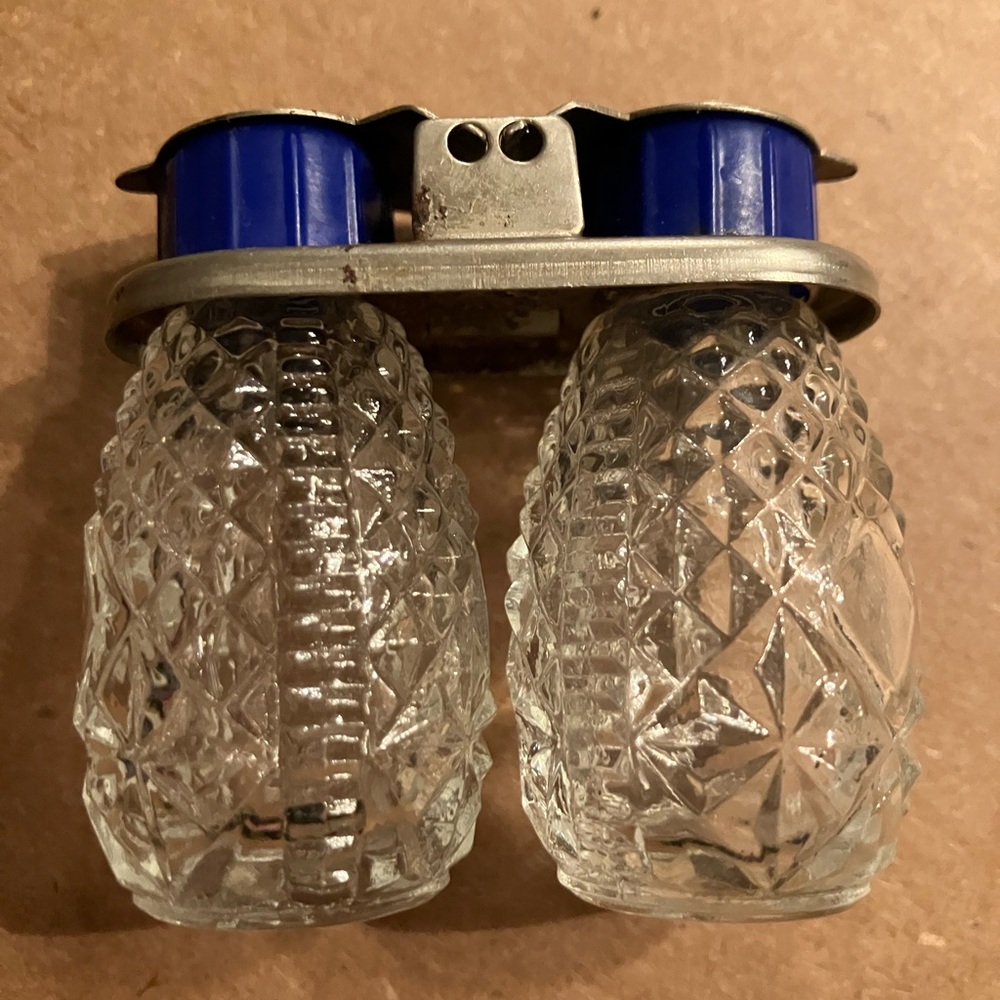 vintage glass, mini travel salt and pepper set with metal fliptop cover